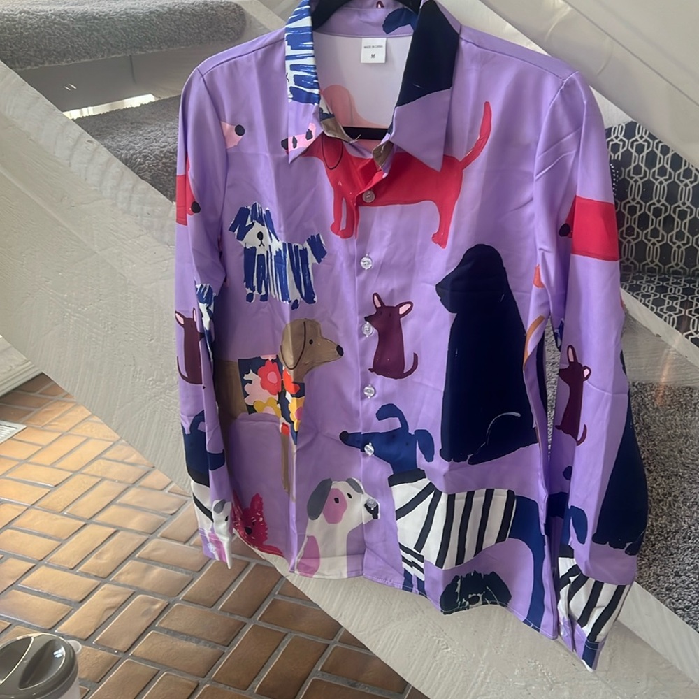 Lavender Dog-Print Button-Up Blouse
